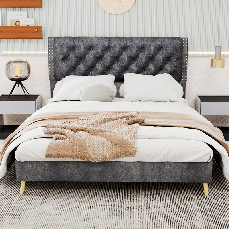 Upholstered Bed With Tufted Headboard, Gray, Grand lit