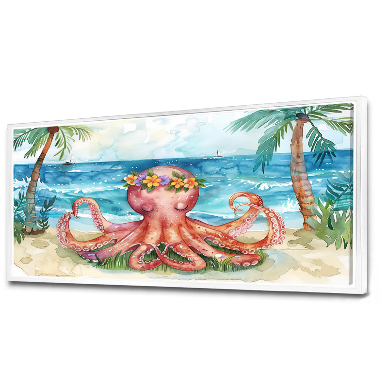 Pieuvre méditant sur la plage à Hawaï - Pieuvre / calmar, art mural, salon, Toile encadrée flottée blanche