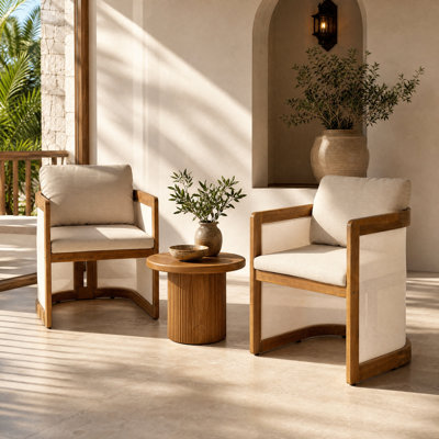 Set of 2 Outdoor Patio Dining Armchairs, Acacia Wood Frame with Textilene Side Panels, Patio Chairs with Beige Fabric Cushion, Teak Finish for Backyard Deck Garden