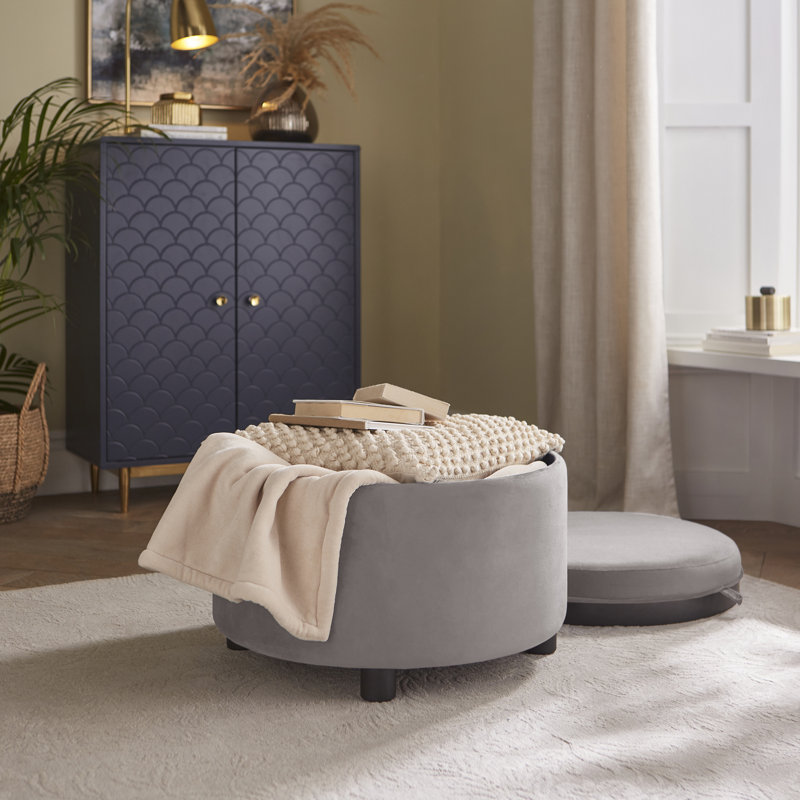 56cm Wide Velvet Round No Pattern Pouffe Ottoman with Storage, Grey