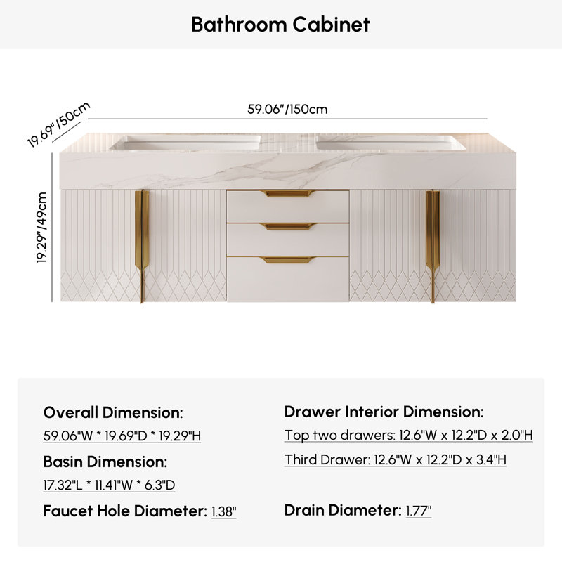 Ensemble de meuble-lavabo flottant moderne 59 "avec lavabo Aro Series, "" Blanc / Or ""