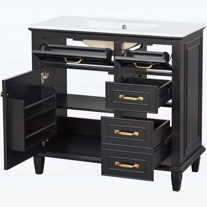 Meuble-lavabo 36 po avec lavabo en céramique, structure en bois, Noir