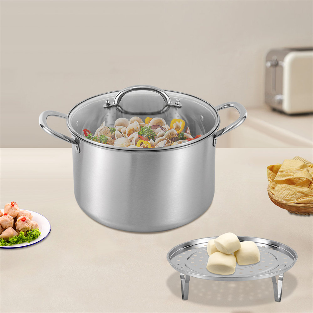 3L/3.17qt Non-stick Pot Stainless Steel Stock Pot with Lid + Steaming Rack