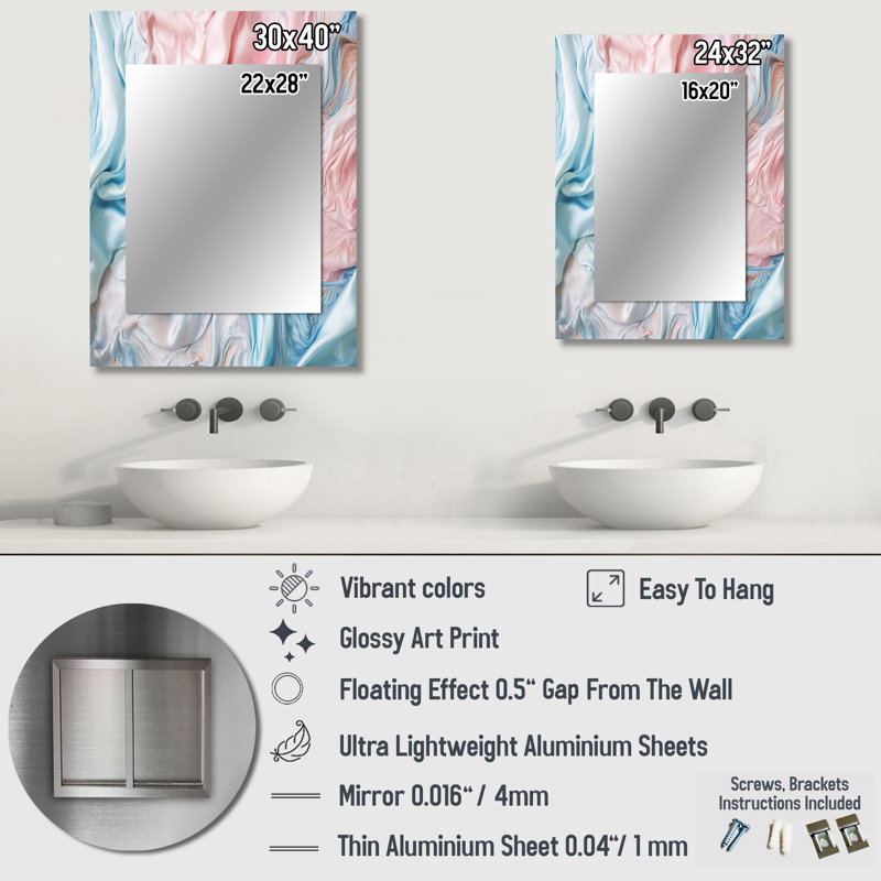 Pink Blue Dancing Colors I - Marble Unique Wall Mirror, Modern Mirror, Printed Metal Art, 40" x 30"