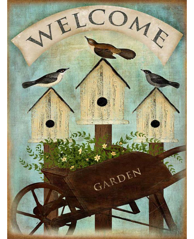 «Welcome Wheel Barrow and Birds» par Beth Albert, impression sur toile tendue, H 16 po x l 12 po x P 1,5 po