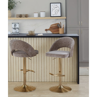Adjustable Barstool With Swivel In Gold Metal And Dark Grey Fabric With Round T Footrest - Set Of 2