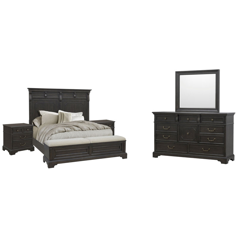Lit de rangement avec commode 2 tiroirs avec miroir Bolkov, Ensemble de 5 pièces : lit, 2 tables de chevet, , Grand lit