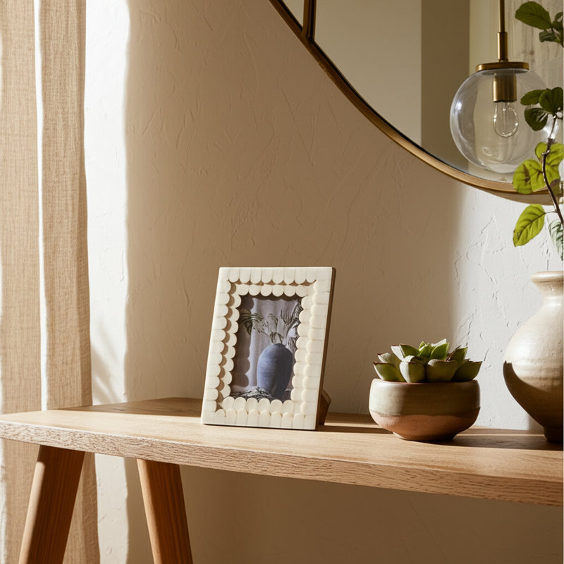 Cadre photo décoratif en résine et bois avec façade en verre et détails festonnés en bois moderne, H 9 po x l 5 po x P 2,5 po