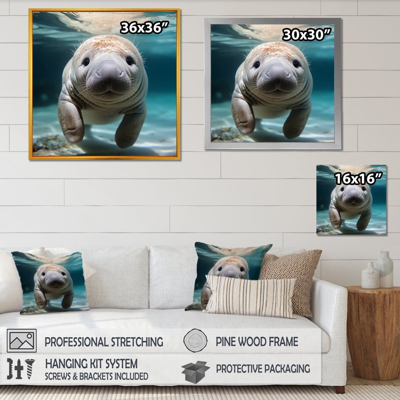 Curious Manatee Gaze III - Art mural lamantin, Cadre flottant doré, H 16 po x l 16 po x P 1 po