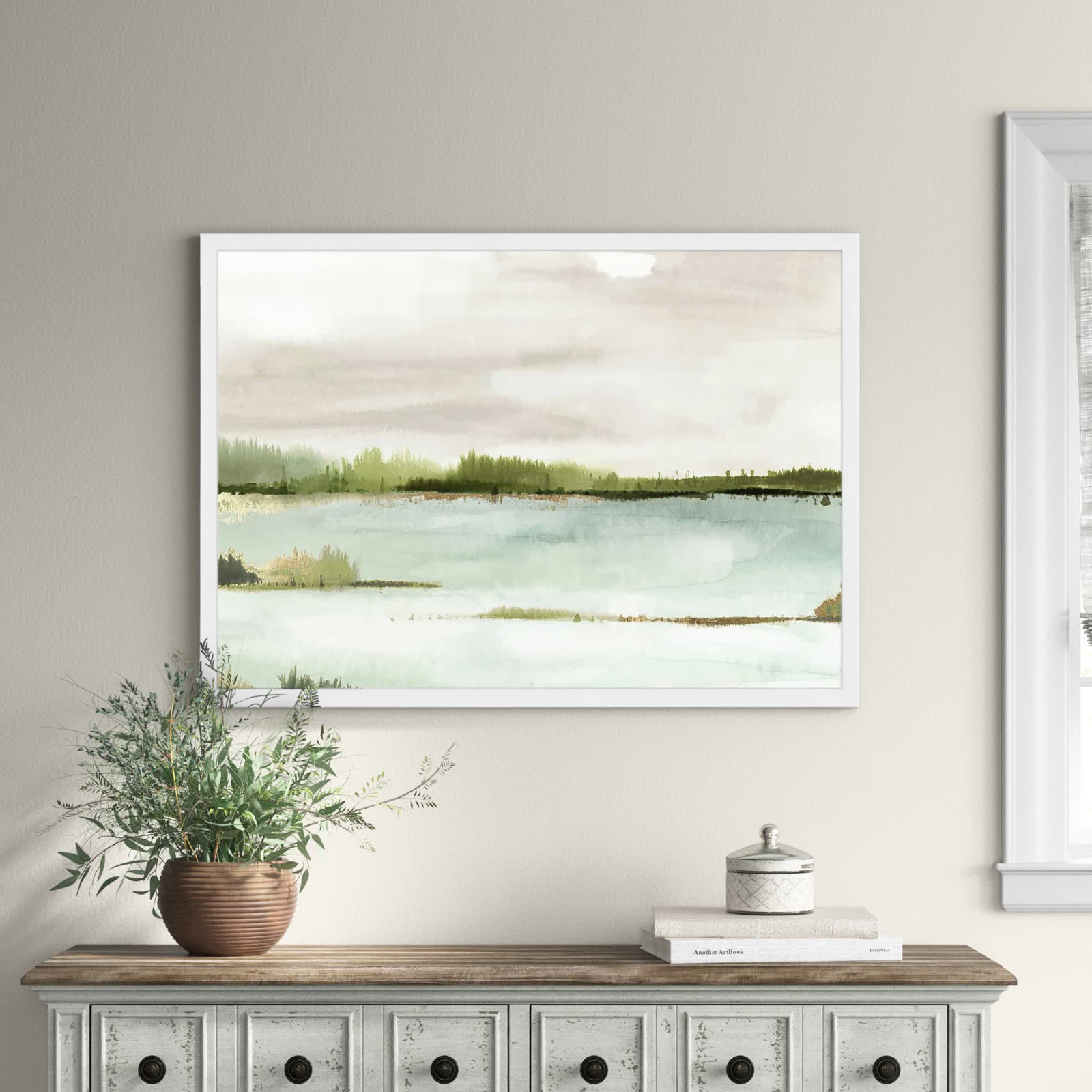Adamsville "Silent Lake" Painting, 30.5" H x 42.5" W x 1.12" D, White Framed