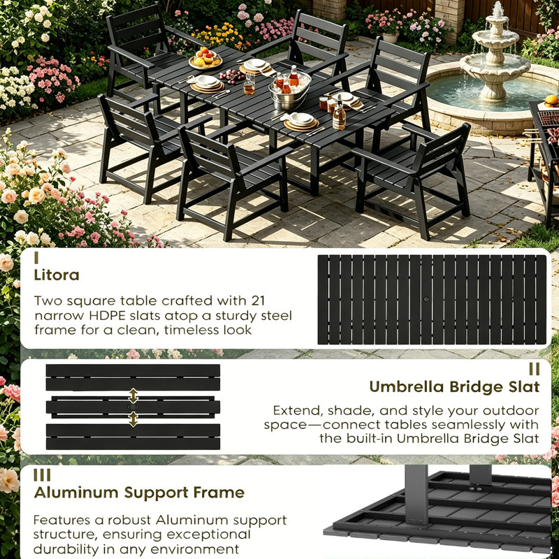 75''X35'' HDPE Outdoor Dining Table All Weather With Umbrella Hole, Black