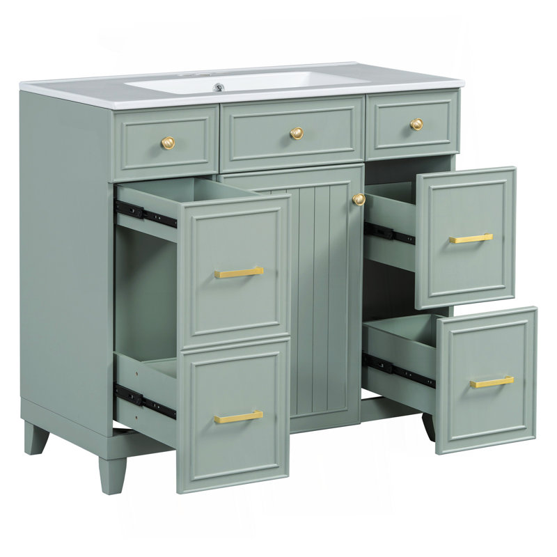 Meuble-lavabo 36 po avec lavabo en céramique, cadre en bois massif vert, portes à fermeture douce, tablettes réglables, 3 tiroirs, y compris un tiroir à double profondeur pour le rangement du sèche-cheveux