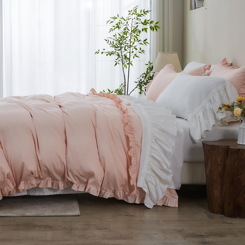 Ensemble de draps 100% coton Draps de lit à volants, Blanc, QUEEN 1 drap plat 1 drap-housse 2 taies d'oreiller