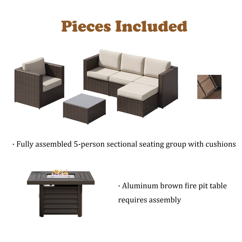 Baecher 5 - Person Wicker / Rattan Outdoor Sectional Seating Group ( Fully Assembled ) with Cushions and Aluminum Fire Pit Table