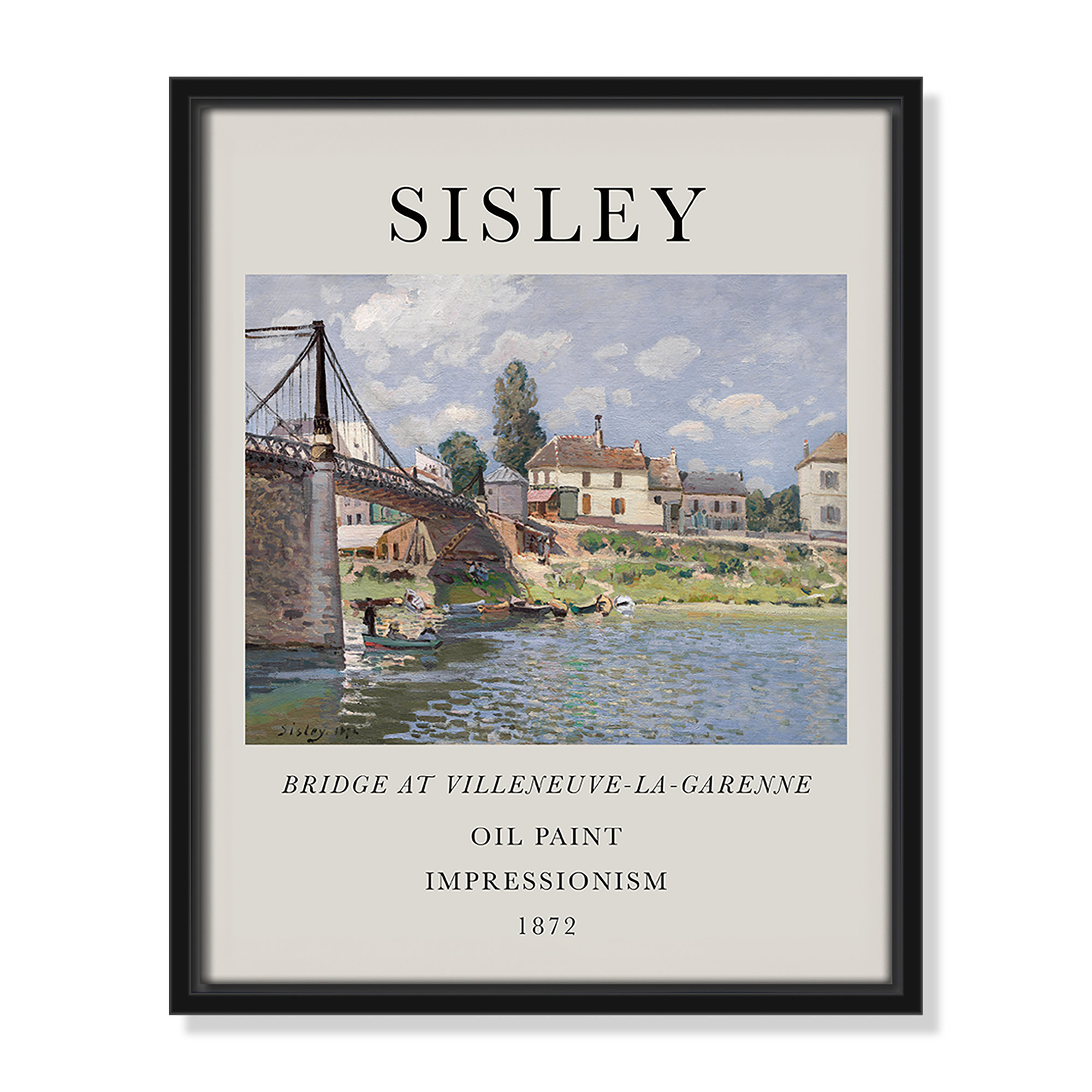 Old Masters Collection " The Bridge At Villeneuve " by Alfred Sisley, Black Floater Frame, No, 15.5" H x 12.5" W x 2" D