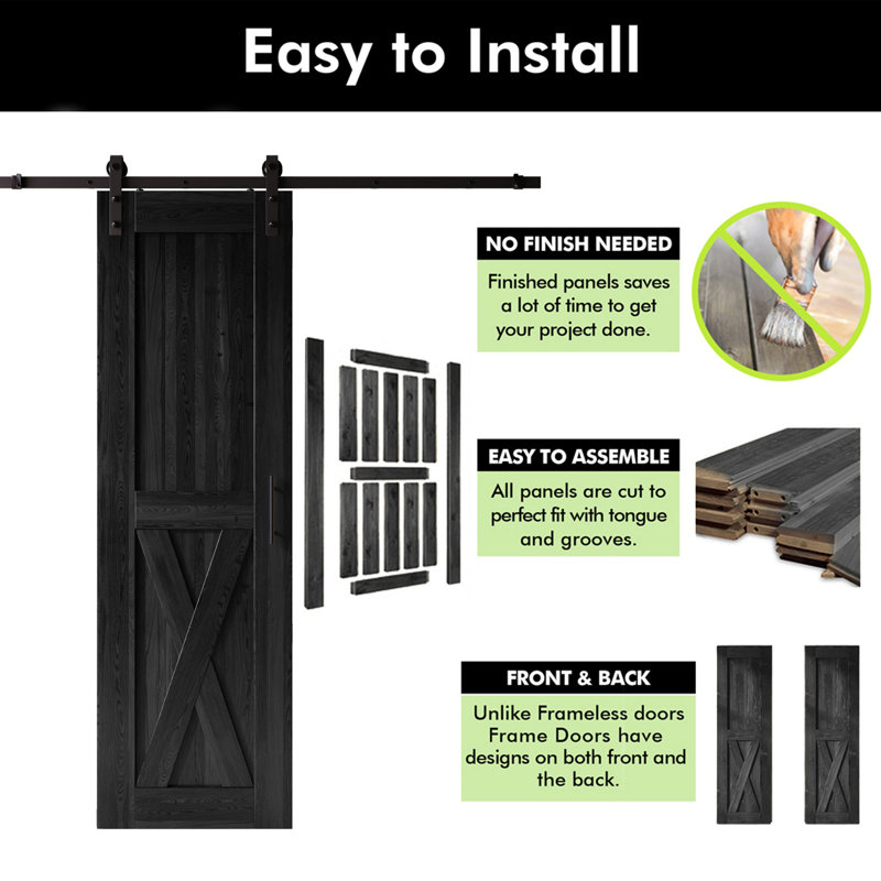 Homacer 96inch high black unassembled & finished x design barn door with single door non-bypass installation hardware kit, interior use only