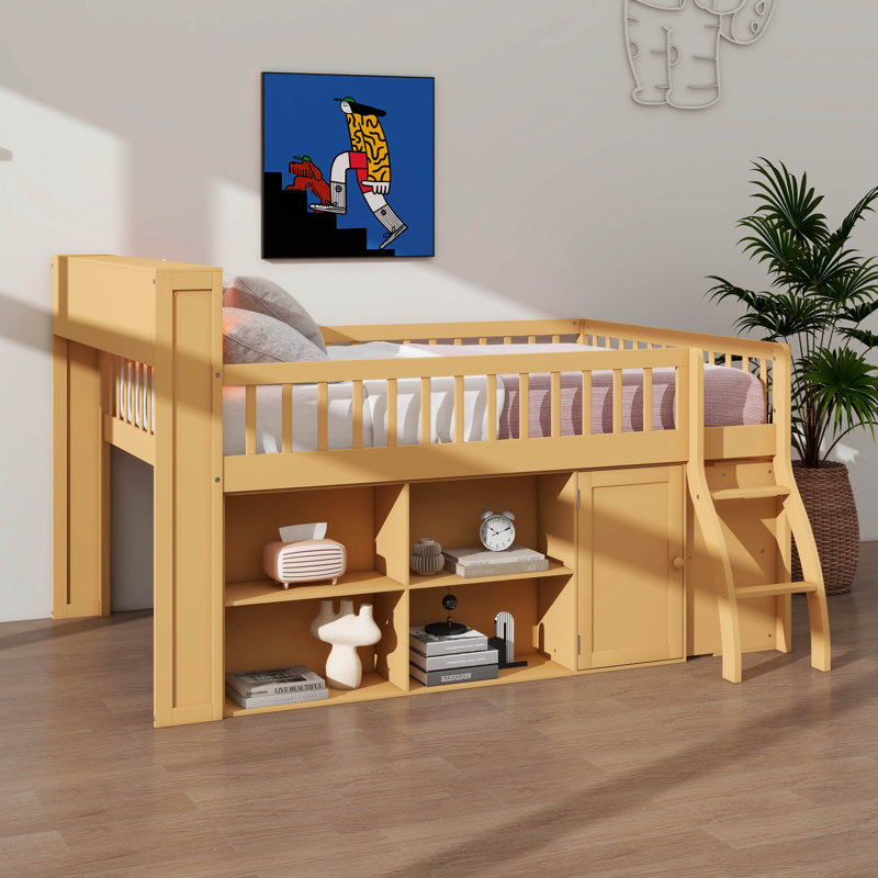Wooden Loft Bed Frame With Storage-Equipped Headboard & LED Lighting, Compact Loft Bed With Integrated Storage Solutions