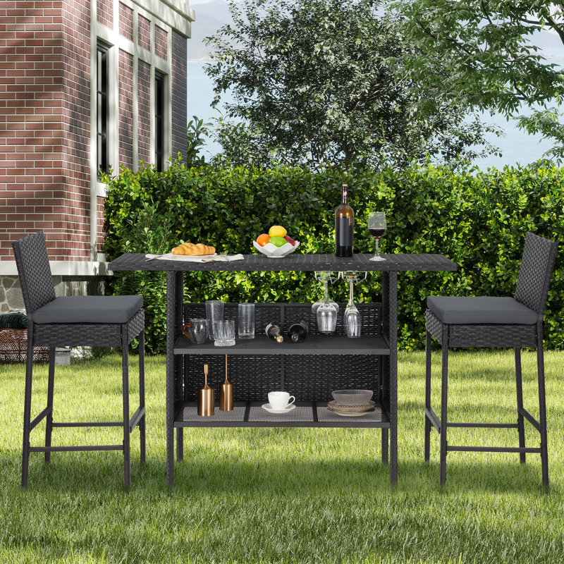 3-Piece Patio Bar Set With Wicker Bar Chairs & Outdoor Bar Table, Black