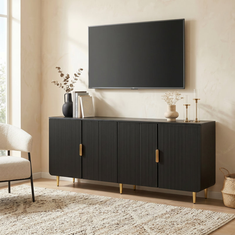 67" Black Fluted TV Stand with Gold Accents, Luxury Modern Entertainment Center with Storage for TVs up to 75", Black/Gold