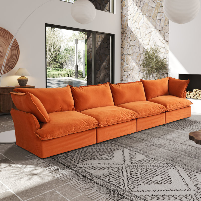 Fairford 4-Piece Upholstered Modern Corduroy Fabric Sectional Sofa, Orange Velvet