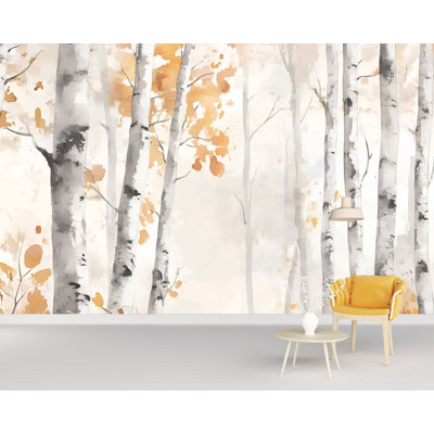 Autumn Birch Forest Wallpaper In Watercolor Style – Neutral Fall Wall Mural For Rustic Or Minimalist Bedroom, Hallway, Or Living Room Accent Wall