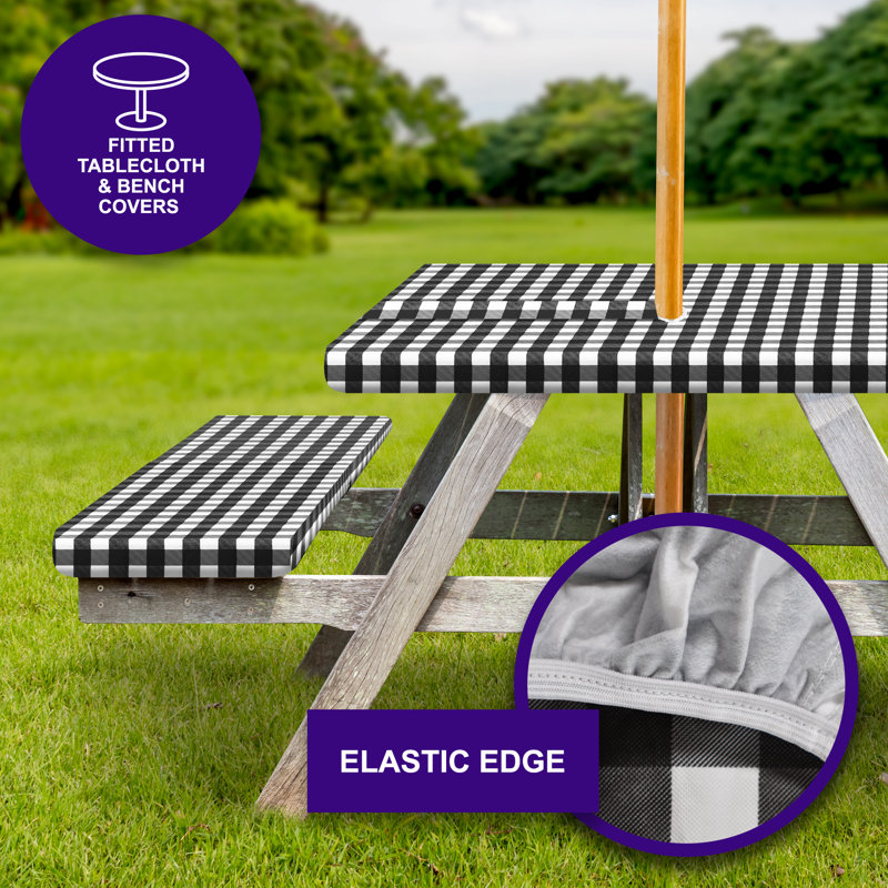 Jeveah Vinyl Picnic Fited 3 Pcs Tableclth With Umbrella Hole Rectangle 30X72 Red, Black, 72" x 30"