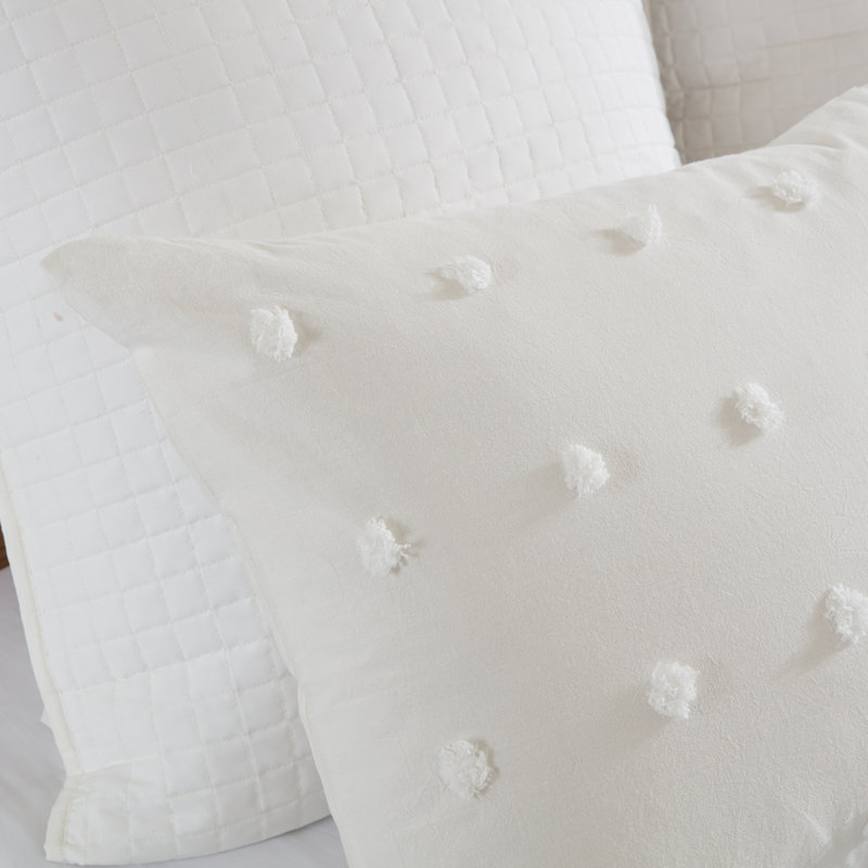 Ivory Cotton Jacquard King Comforter Set with Pom Pom Pillows