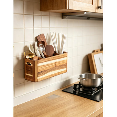 Porte-ustensiles de cuisine pour comptoir, organisateur de rangement en bois d'acacia avec plusieurs compartiments, étagères réglables et base antidérapante, organisateur de comptoir haut de gamme pour cuillères et spatules