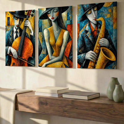 Ensemble de 3 grandes œuvres d'art cubiques exubérantes, décorées sur toile pour le salon, la chambre à coucher, le bureau et la maison, prêtes à être suspendues