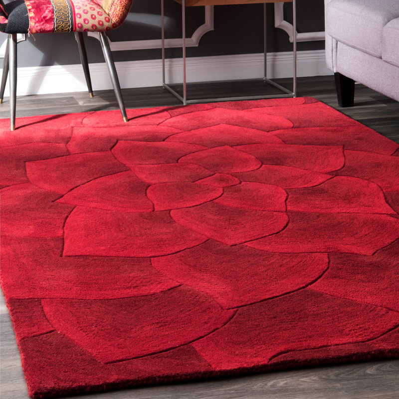 Tapis rouge touffeté à la main Kiratsou, Rectangle 7 pi 6 po x 9 pi 6 po