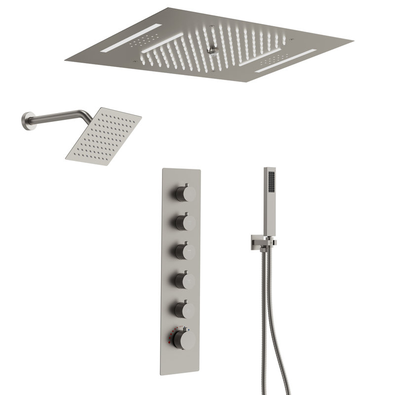  LED Bluetooth Music Thermostatic Rain Shower System with Dual Shower Heads and Handheld Sprayer, Brushed Nickel