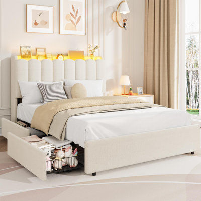 Full Size Upholstered Platform Bed Frame with LED Lights, Storage Headboard with Built-in Bookcase & 2 Under-Bed Drawers, Strong Wood Slats, Noise-Free Metal Frame, No Box Spring Needed, Easy Assembly - Beige