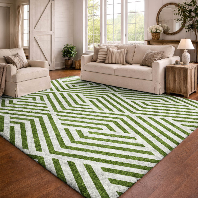 Premium Machine Washable Dream Shag ADS550 Geometric Rug, Olive, 5' x 7'6"