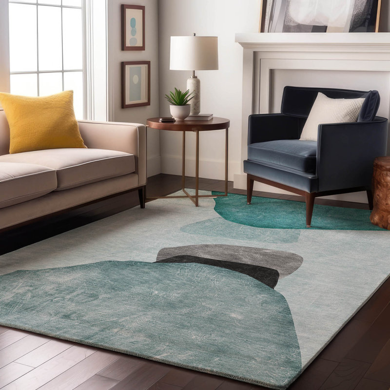 Tapis bleu sarcelle lavable à la machine de qualité supérieure 3 pi x 5 pi Cerrito AMF547, Rectangle 5 pi x 7 pi 6 po