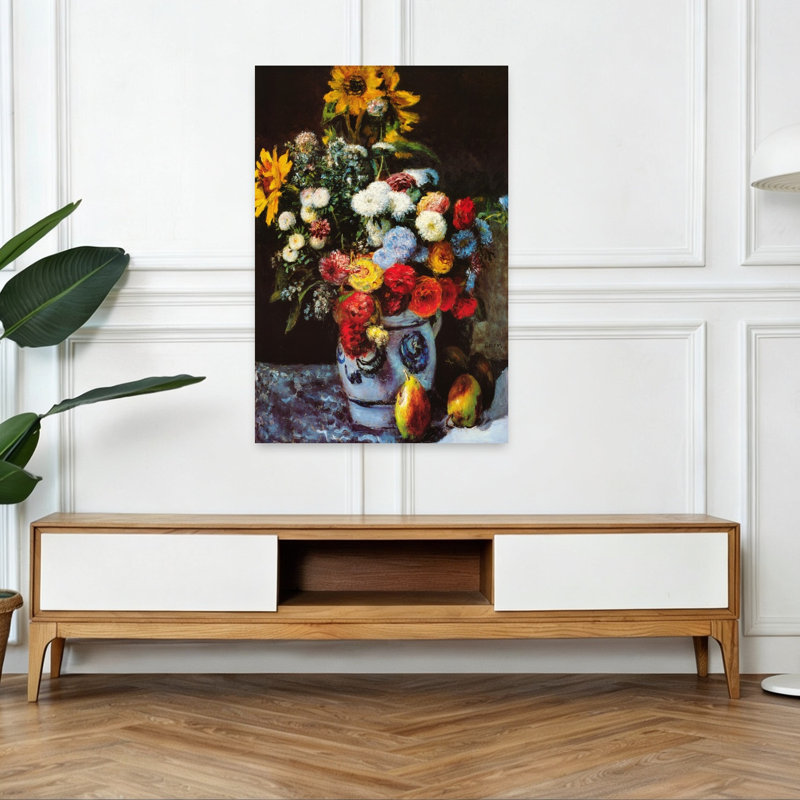 Flowers In A Vase Classic Colorful Abstract Sunflower Flower Landscape Wall Art Print by Pierre-Auguste Renoir - Wrapped Canvas Print