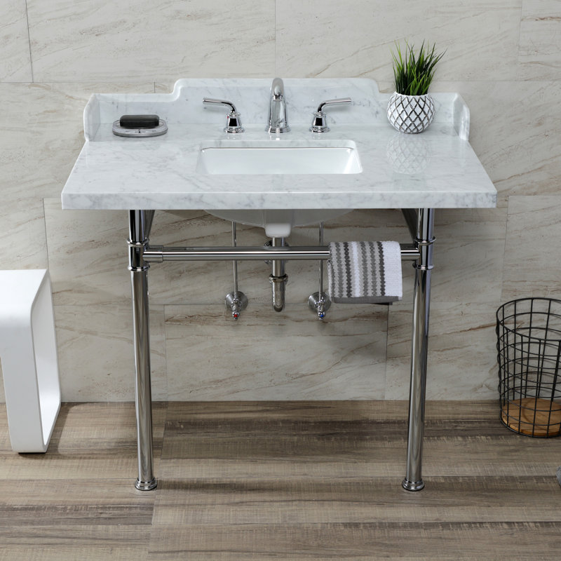 Kingston Brass Wesselman 36-Inch Carrara Marble Console Sink with Stainless Steel Legs (8-Inch, 3-Hole), White/Silver