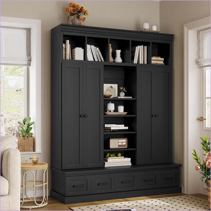 Hall Tree, 78.7'H Modern Entryway Storage with Bench, 5 Cubbies, 4 Doors, 5 Drawers | MDF | Coat Racks, Black