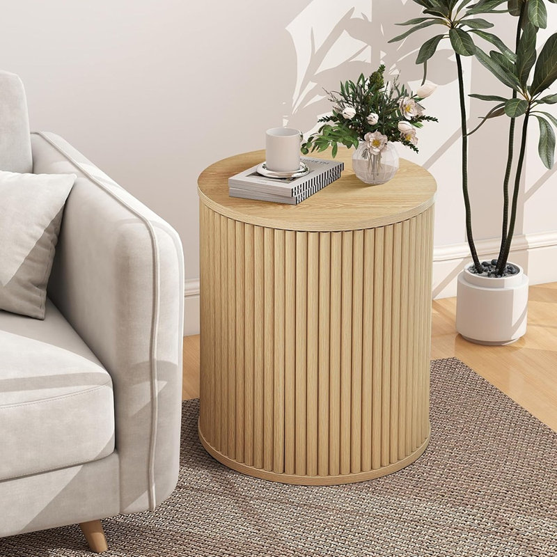 Ensemble de 2 tables de chevet cannelées rondes avec rangement, naturel - ensemble de 2 tables d'appoint / bois / bohème moderne