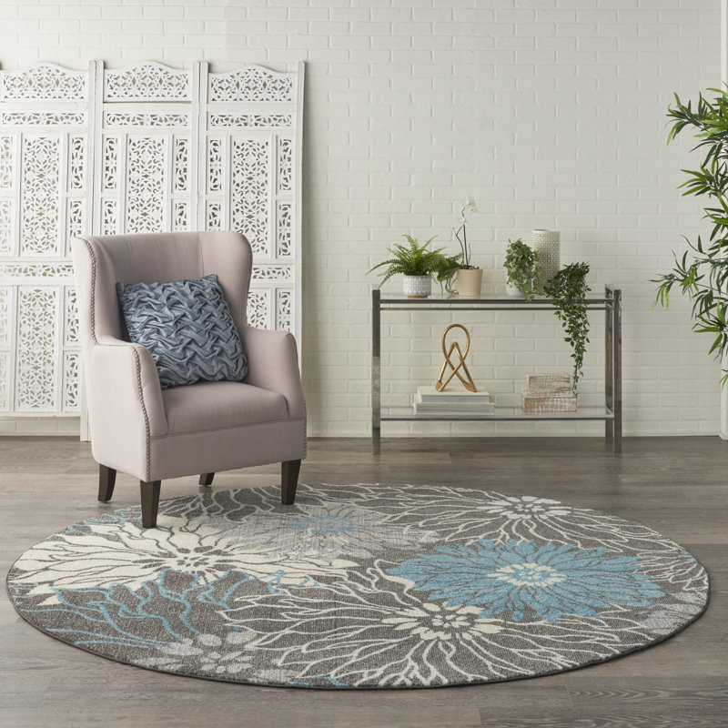 Tapis floral bleu / jaune en polypropylène tissé à la machine, Rond 8 pi