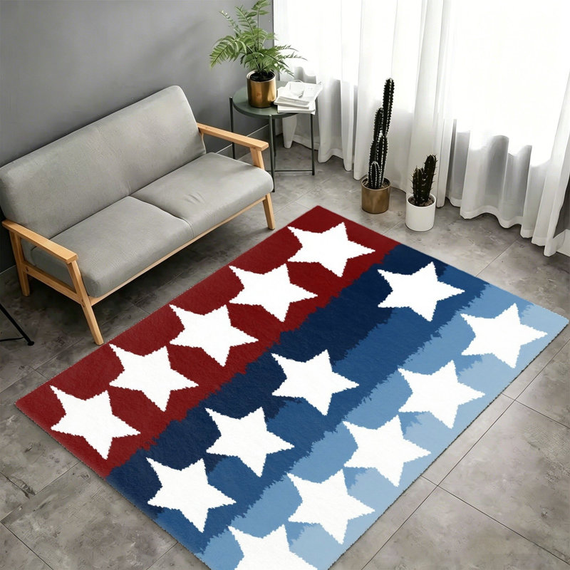 Red Blue White Star Striped Area Rug for Balcony Bedroom, 5 x 7 Ft, Patriotic Style