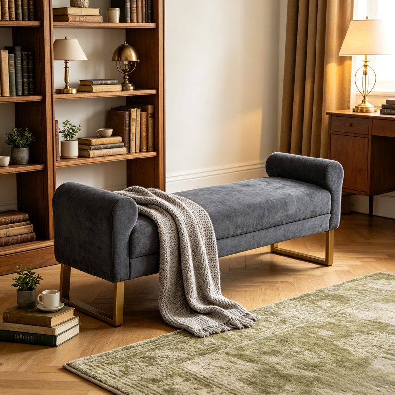 Banc rembourré en chenille 65 po avec pieds en métal Chenrovia, Dark Gray
