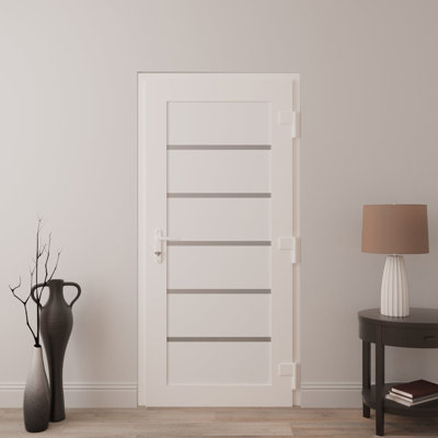 Porte d'entrée extérieure prémontée en PVC-U blanc soyeux Manux 8415 pour bureaux, commerces et habitations. Convient à l'entrée, au patio et au garage. Largeur : 81 cm x Hauteur : 203 cm. Ouverture à gauche vers l'intérieur.