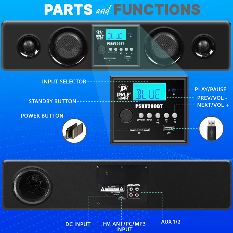 Barre de son Bluetooth Pyle 3D Surround - Système de sonorisation compatible avec les téléviseurs, USB, SD, radio FM avec entrée AUX 3,5 mm, télécommande, pour cinéma maison - PSBV200BT, noir
