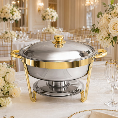 Ensemble de 6 réchauds à 5 pintes en acier inoxydable 18/8, accents dorés, double chauffe-buffet chaud / froid, empilable