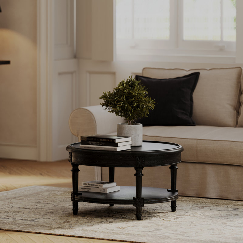 Maven Lane Pullman Traditional Round Wooden Coffee Table In Antiqued Black Finish, Antiqued Black