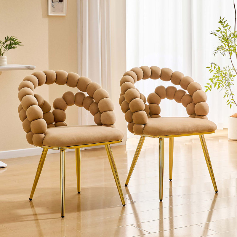 Chaise de salle à manger moderne en velours avec dossier à bulles et pieds en métal (ensemble de 2), Brown