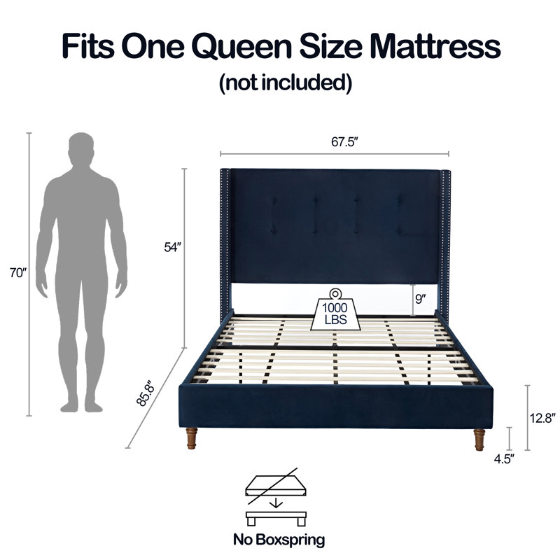 Peyton Upholstered Queen Bed with 54" Tall Tufted Headboard, Nailhead Trim Wingback, No Box Spring Needed, Blue Velvet, Blue