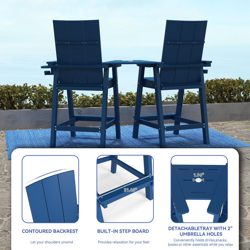 Chaises hautes Adirondack avec plateau de connexion Hdpe (ensemble de 2), Bleu marine