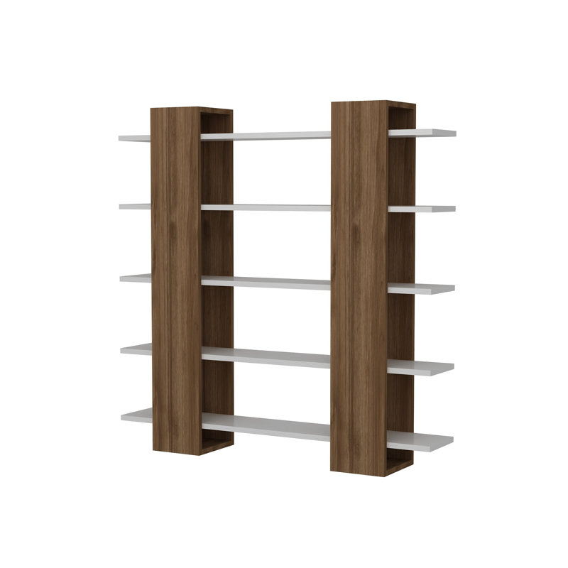 Bibliothèque moderne, finition blanche et noyer, 47,2 po x 47,2 po x 7,7 po | 100% panneau de particules enduit de mélamine, épaisseur: 0,7 pouce | Nombreuses tablettes, fixation murale, rangement supplémentaire | Décoration élégante et fonctionnelle