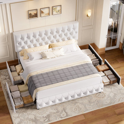 Ensemble de chambre à coucher 3 pièces, lit tapissier en polyuréthane avec 4 tiroirs, 2 tables de chevet avec tiroir et tablette, lit plateforme avec rangement en similicuir blanc, tables d'appoint polyvalentes